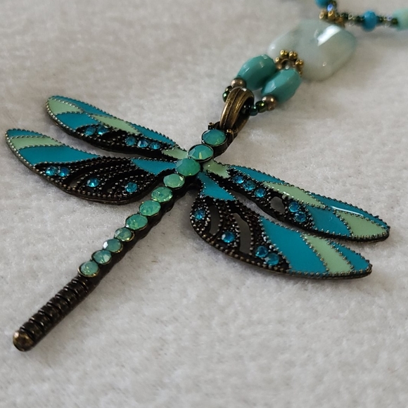Dragonfly Artisan Necklace Hand Crafted Beaded Turquoise Stones Crystals 16.5" - Picture 5 of 14